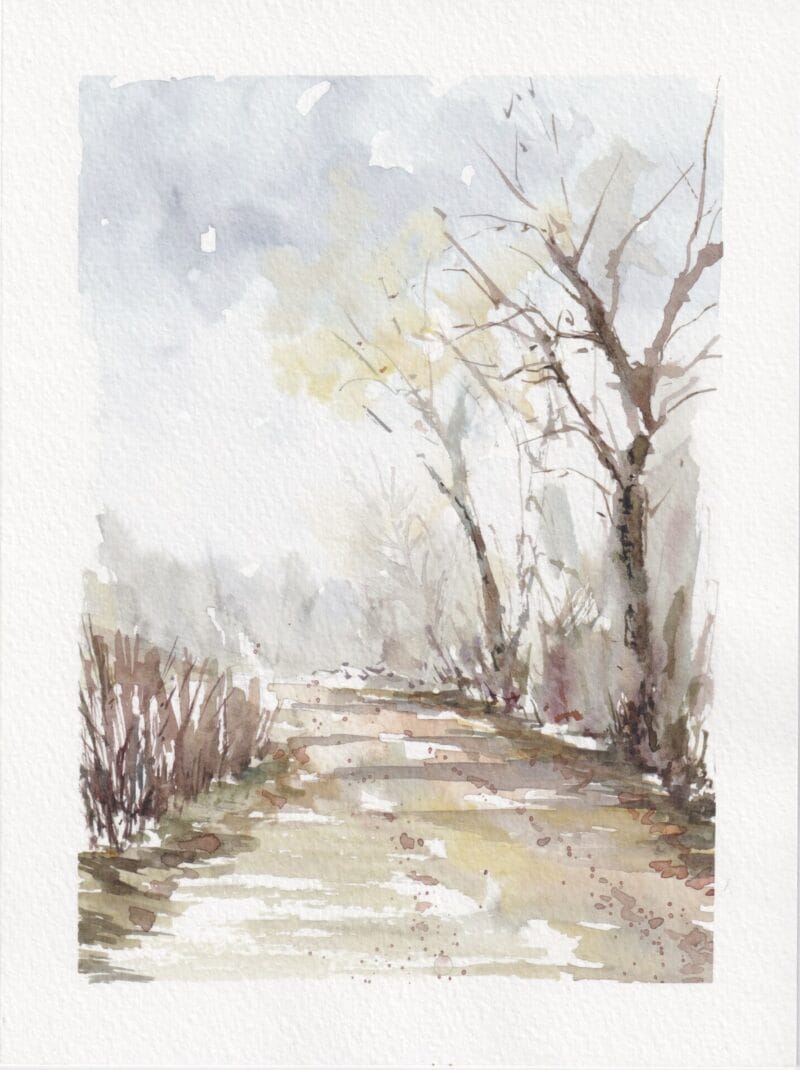 Aquarelle Chemin de campagne en hiver