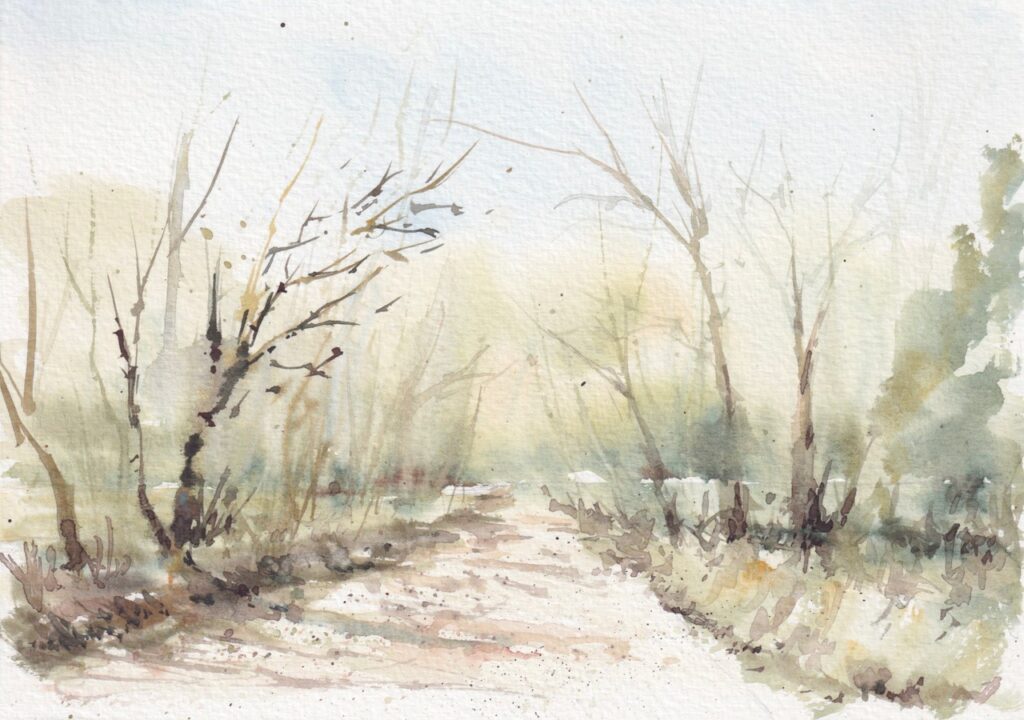 Peinture aquarelle paysage arbre hiver chemin