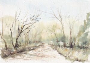 Peinture aquarelle paysage arbre hiver chemin